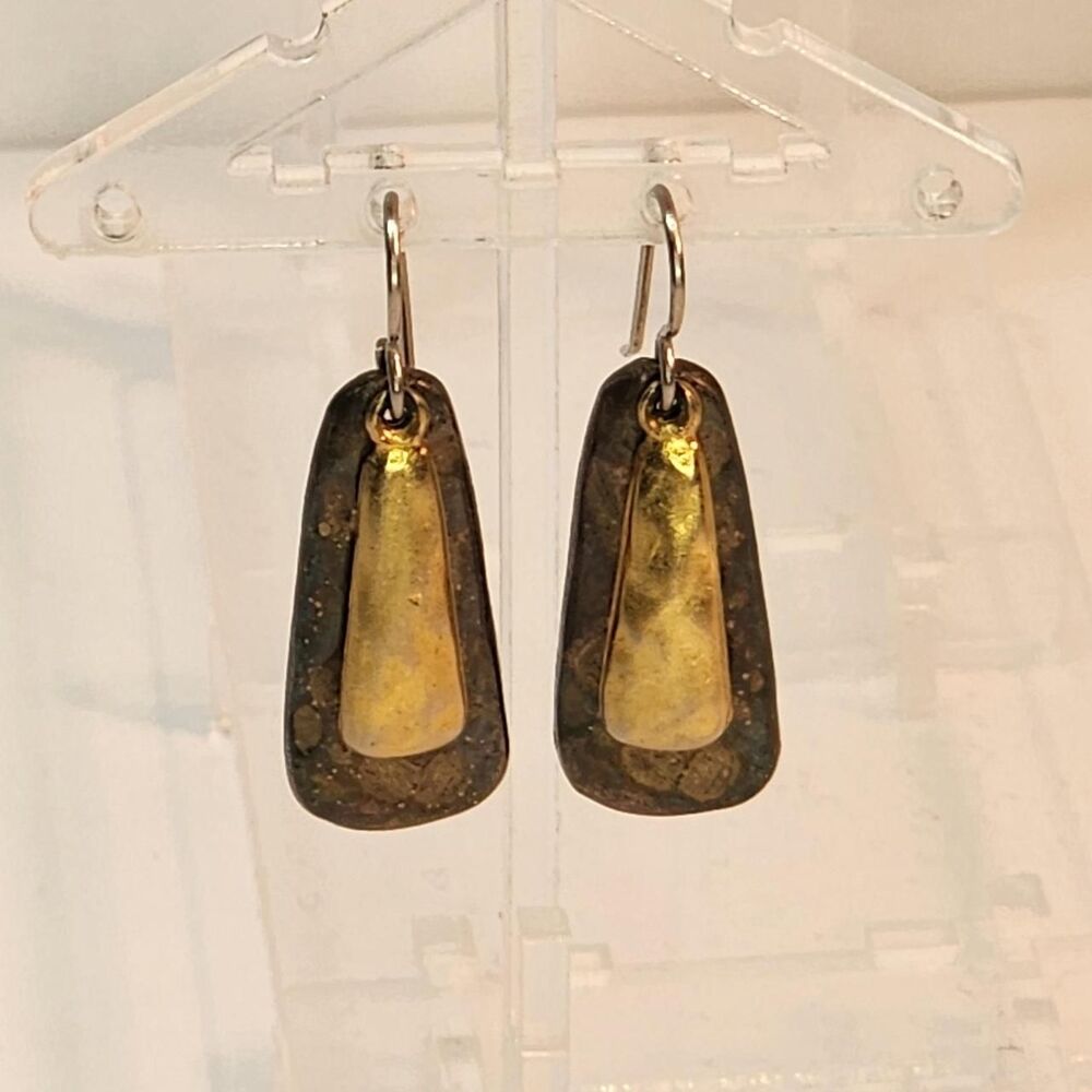Vintage Gold tone and Bronze toned hammered texture layered Drop Earrings